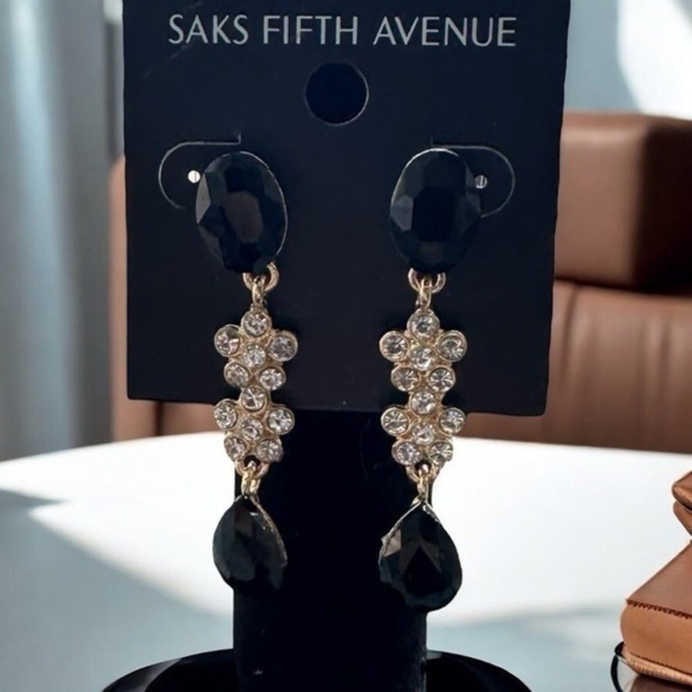 3/$40 Saks Fifth Avenue Gold and Black Drop Dangle Earrings Rhinestone Flowers
